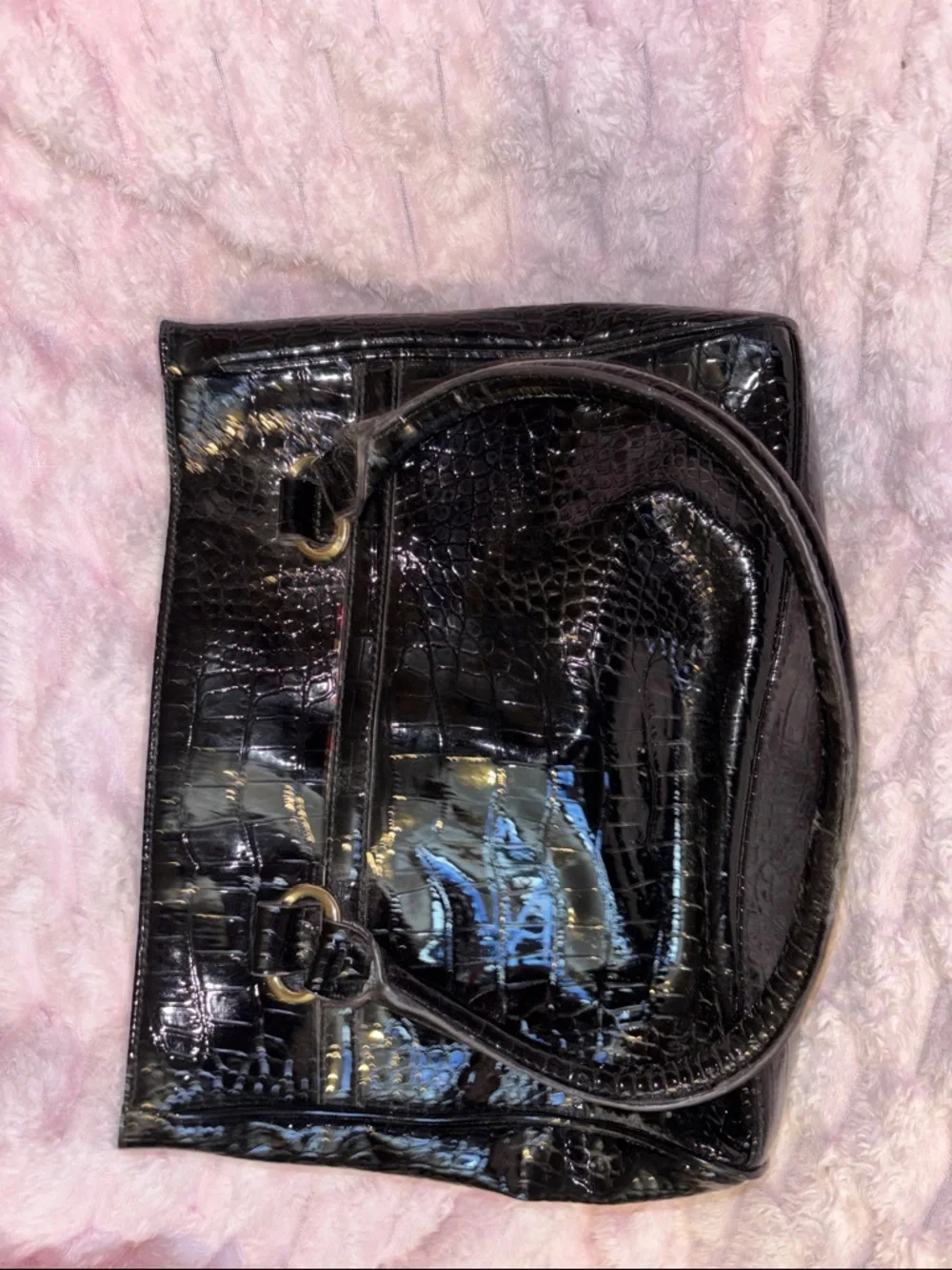 Anne Klein Black Croc Patent Satchel with Gold Hardware